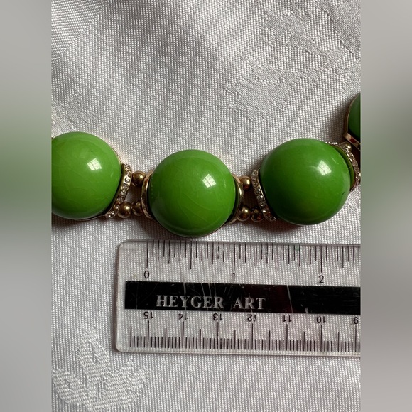 Vintage Art Deco Green cabochon Bubbles Necklace rhinestone spacer double golden - Picture 8 of 10